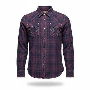 True Religion Men's Plaid Pearl Snap Shirt - Dark Blue and Burgundy
